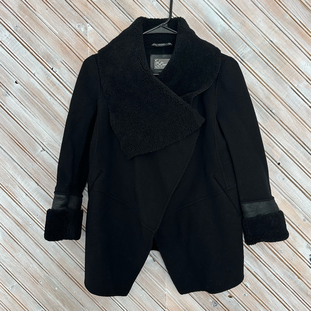 Mackage for Aritzia Black Wool Teddy Crossover Button Sheepskin Viscose Jacket